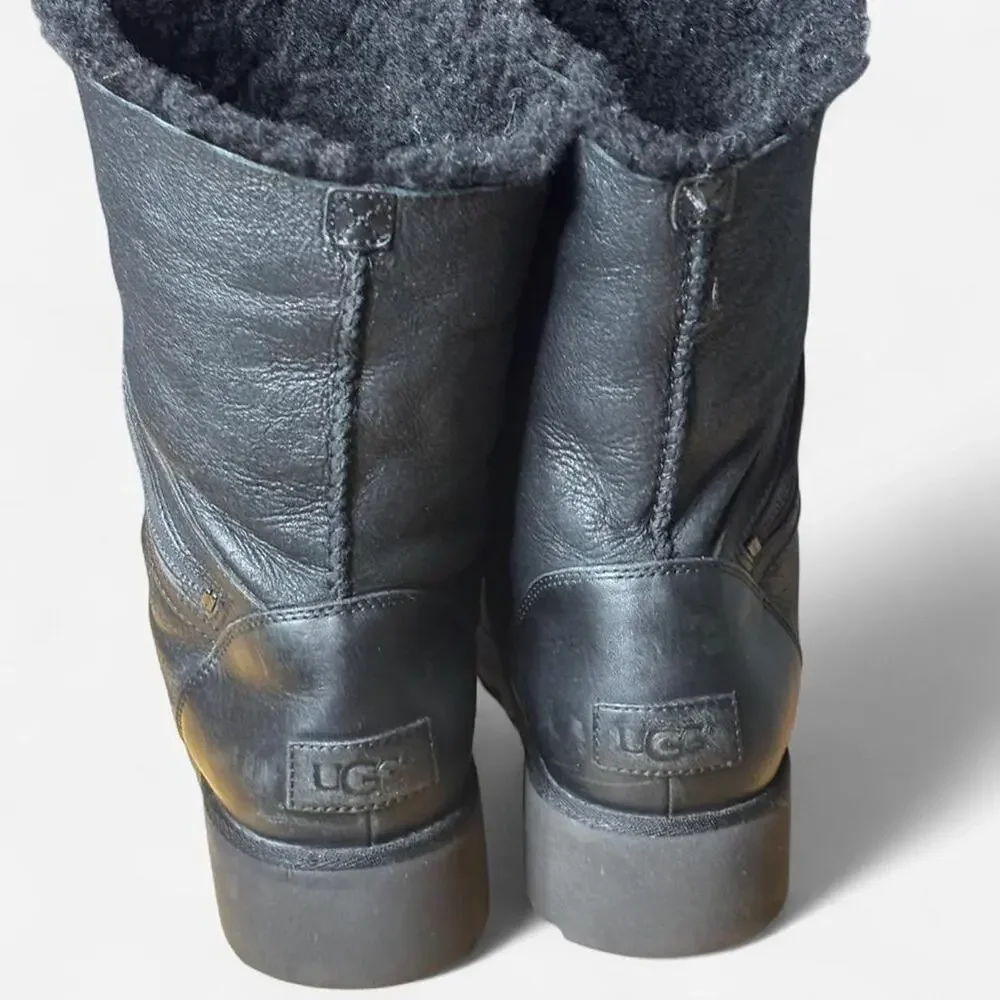 UGG Simmens Black Leather Waterproof Moto Winter Boots Women’s Size 8